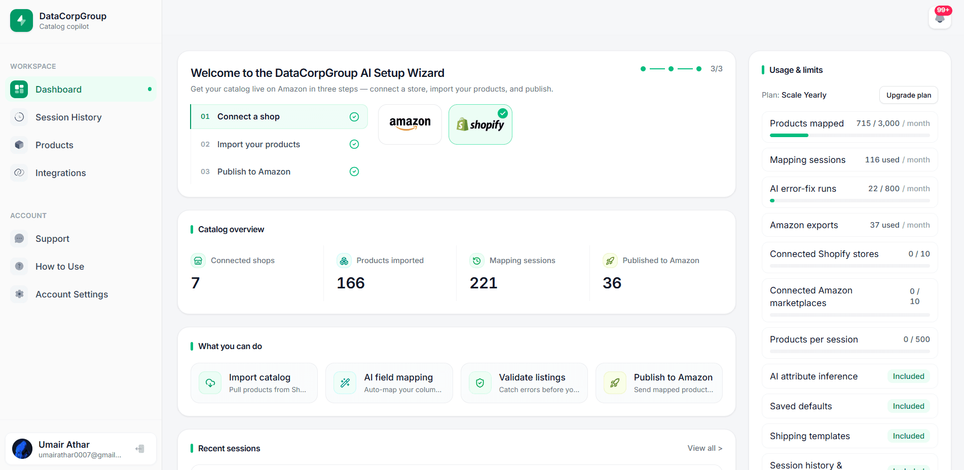 DataCorp AI dashboard: setup wizard, to-do summary, and quick actions