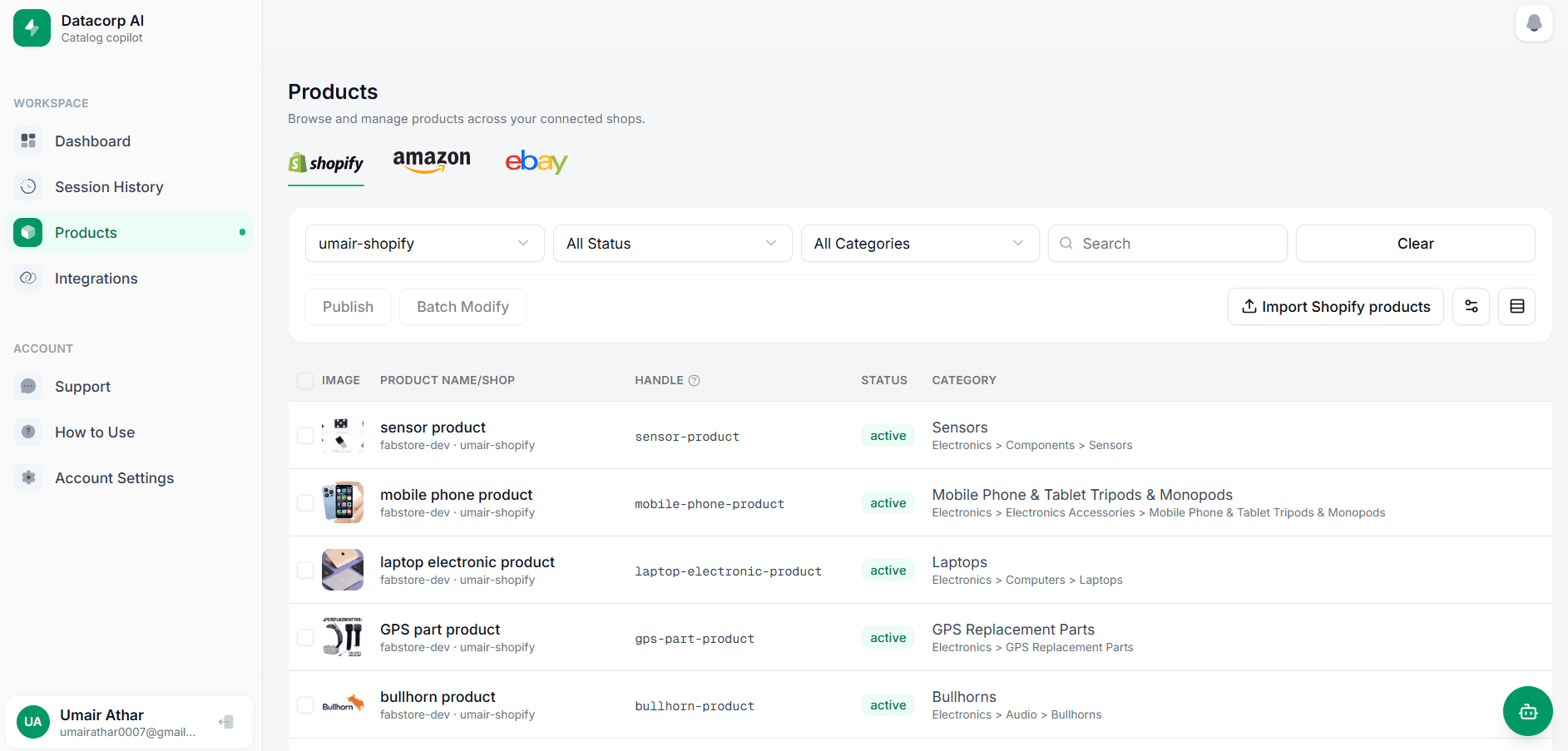 Unified product catalog across Shopify, Amazon and eBay