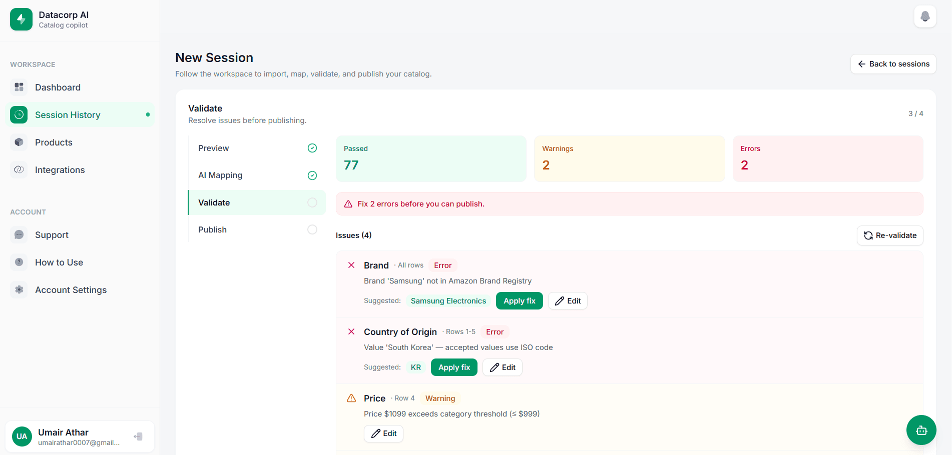 Validation step catching errors with suggested one-click fixes